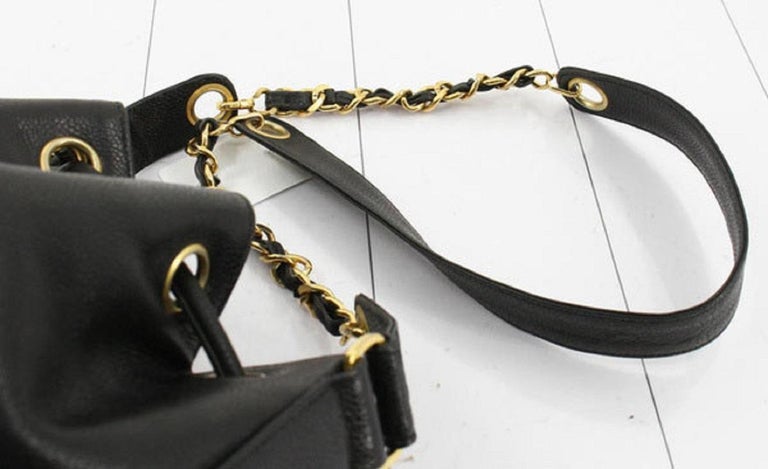 Chanel Black Caviar Leather Triple CC Drawstring Bucket Bag For