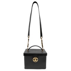 Chanel Black Caviar Leather Vanity Box with CC Logo and Gold Hardware