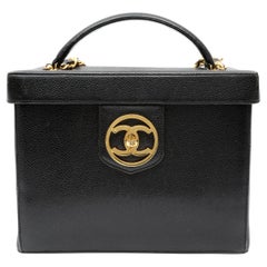 Chanel Black Caviar Leather Vanity Box with CC Logo and Gold Hardware
