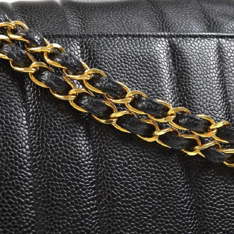 CHANEL Black Caviar Leather Vertical Gold Evening Classic Shoulder Flap Bag In Good Condition For Sale In Chicago, IL