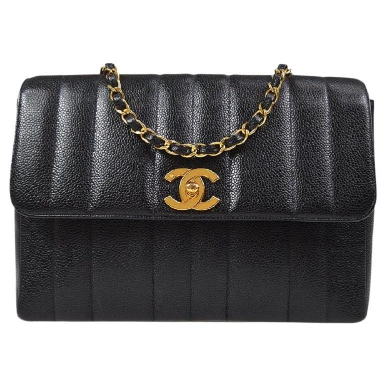 CHANEL Black Caviar Leather Vertical Gold Evening Classic Shoulder Flap Bag For Sale