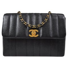 CHANEL Black Caviar Leather Vertical Gold Evening Classic Shoulder Flap Bag