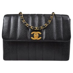 Retro CHANEL Black Caviar Leather Vertical Gold Evening Classic Shoulder Flap Bag