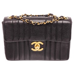 Vintage Chanel Black Caviar Leather Vertical Quilt CC Chain Flap Bag 