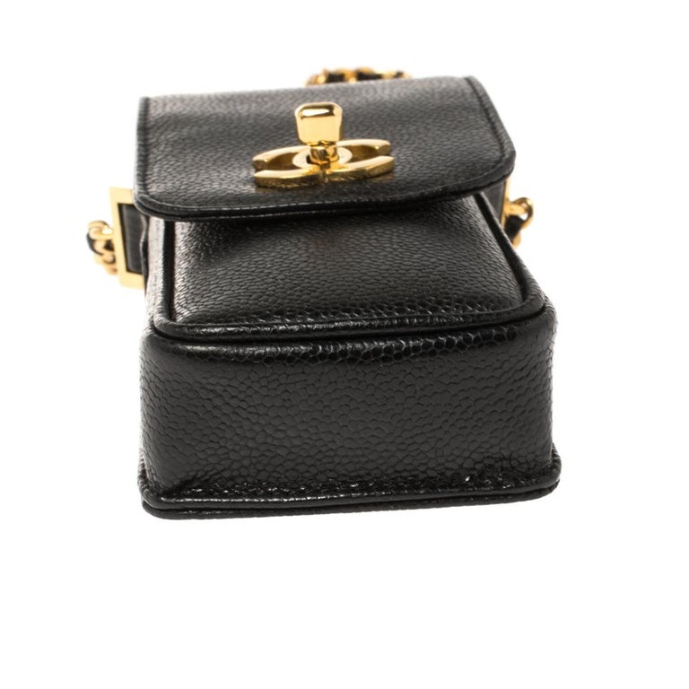 Chanel Black Caviar Leather Vintage CC Chain Phone Holder at