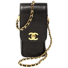Chanel Black Caviar Leather Vintage CC Chain Phone Holder