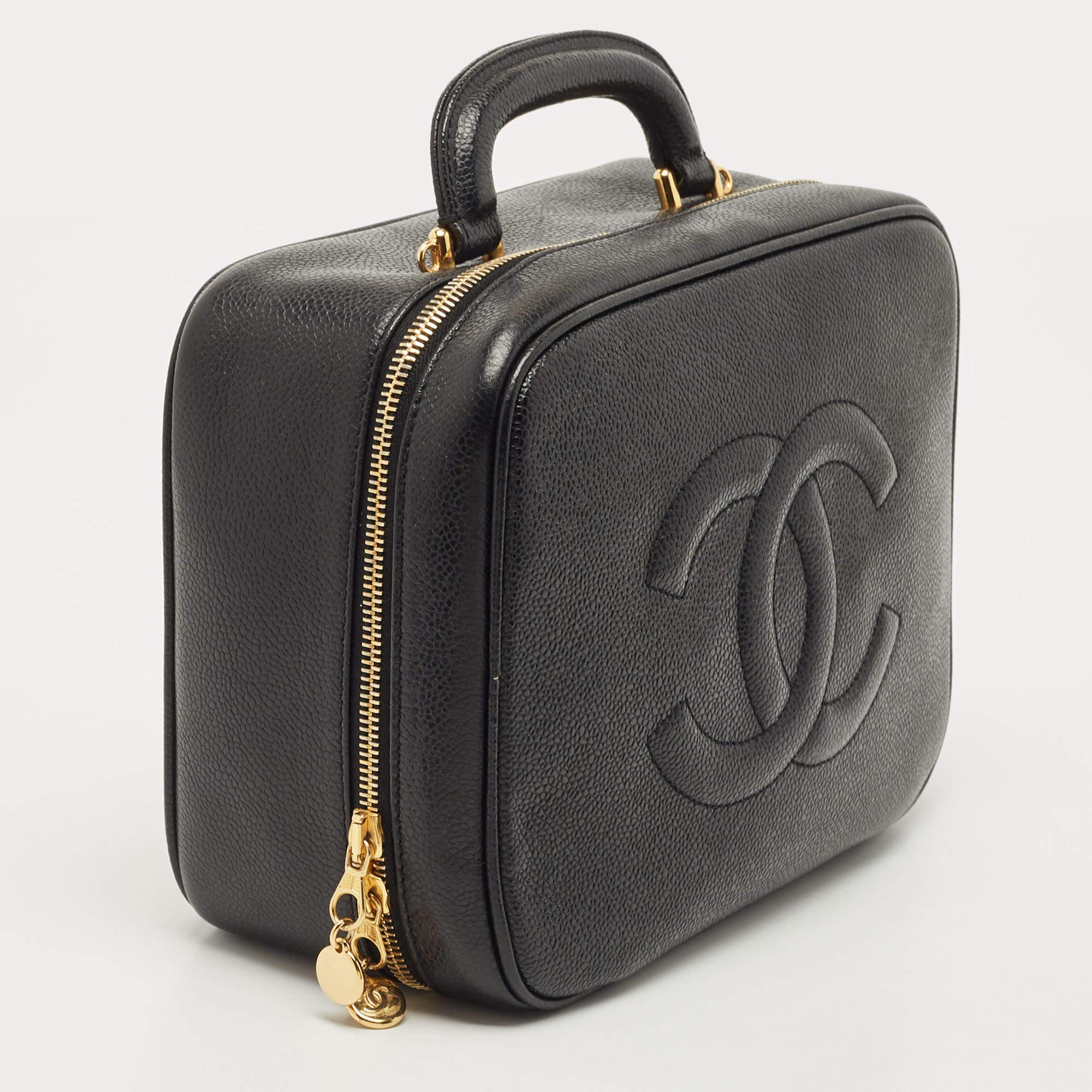 Women's Chanel Black Caviar Leather Vintage CC Timeless Vanity Top Handle Bag