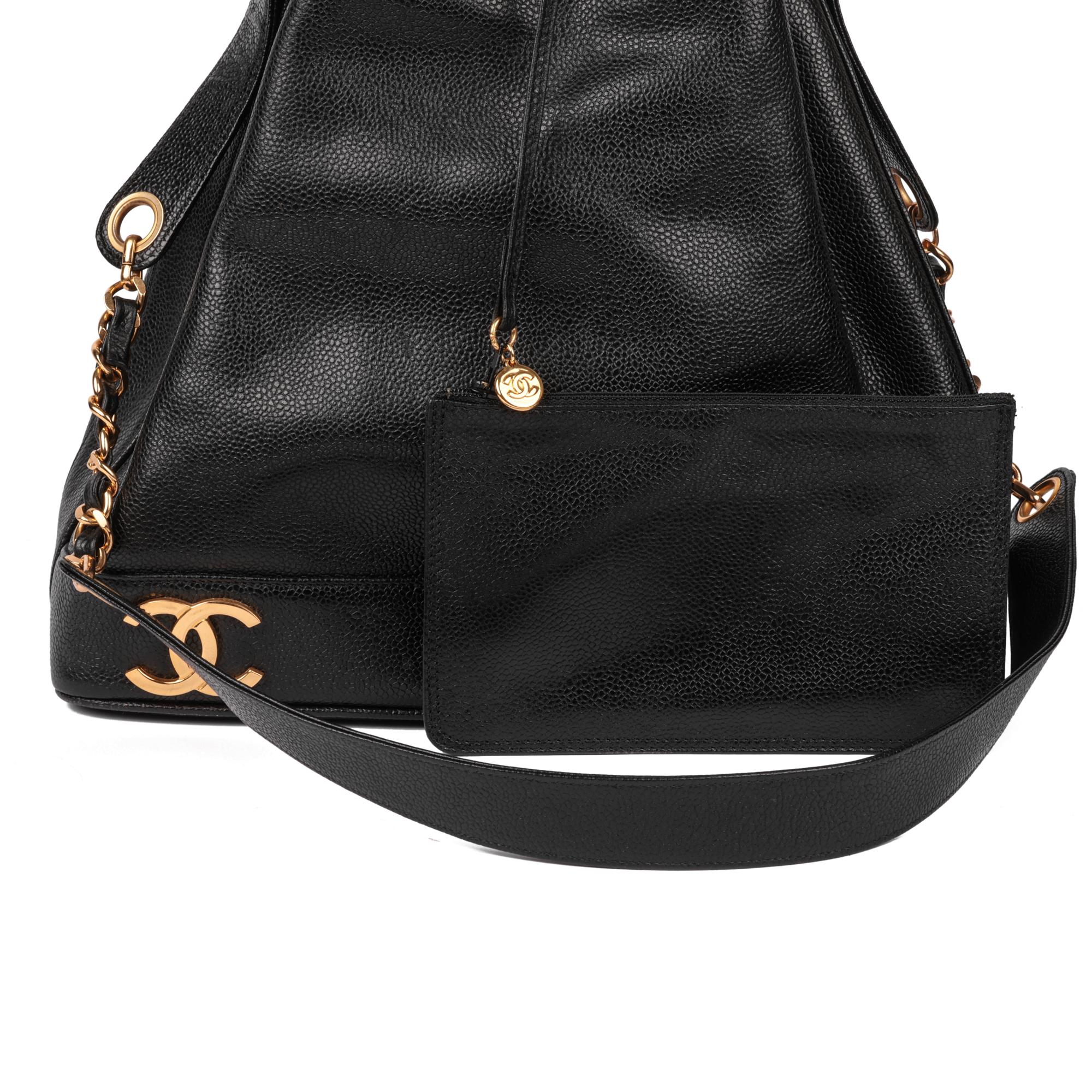 CHANEL Black Caviar Leather Vintage Classic Logo Trim Bucket Bag with Pouch 6