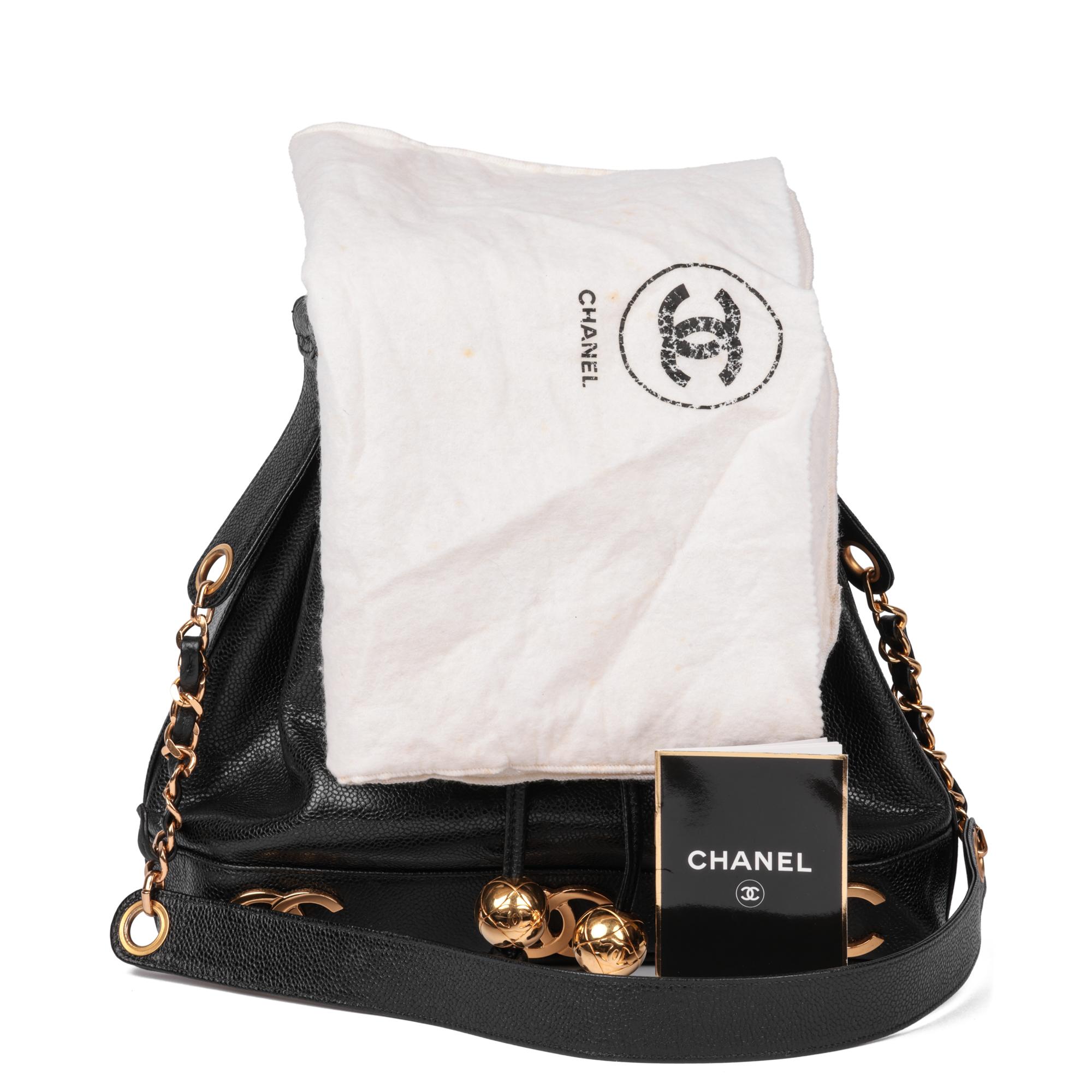 CHANEL Black Caviar Leather Vintage Classic Logo Trim Bucket Bag with Pouch 7