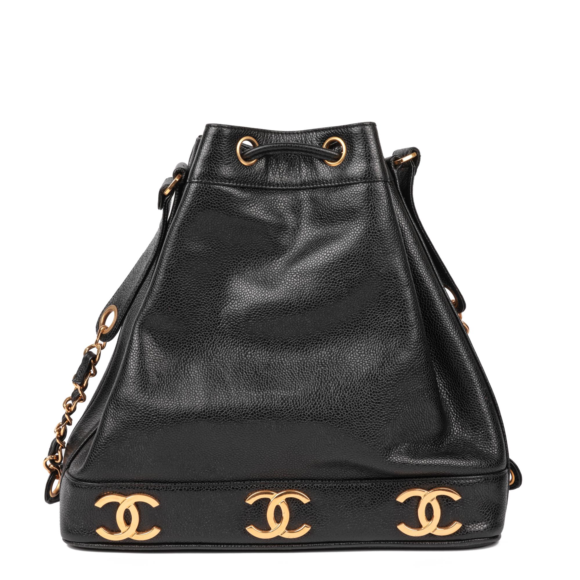 Women's CHANEL Black Caviar Leather Vintage Classic Logo Trim Bucket Bag with Pouch