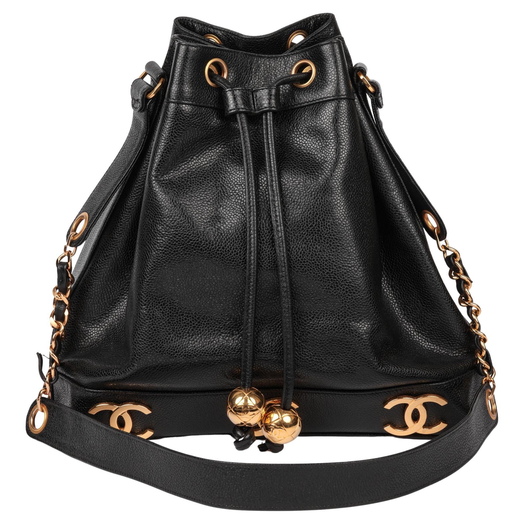 CHANEL Black Caviar Leather Vintage Classic Logo Trim Bucket Bag with Pouch For Sale