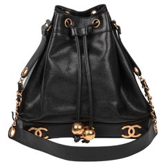 CHANEL Black Caviar Leather Vintage Classic Logo Trim Bucket Bag with Pouch