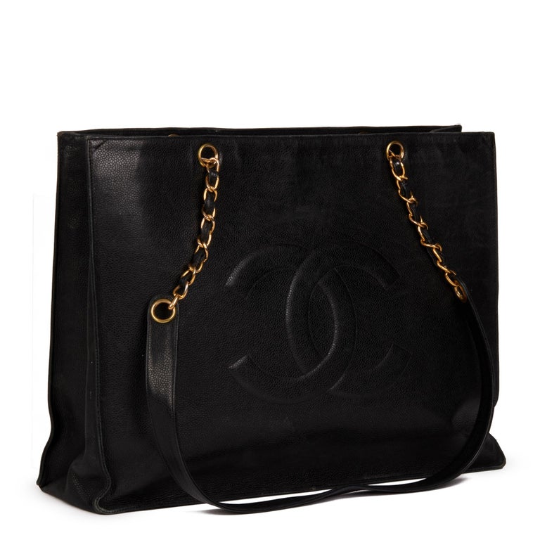 Chanel Vintage Black Caviar Leather Cc Zip Tote Shoulder Bag Gold Authentic  B343