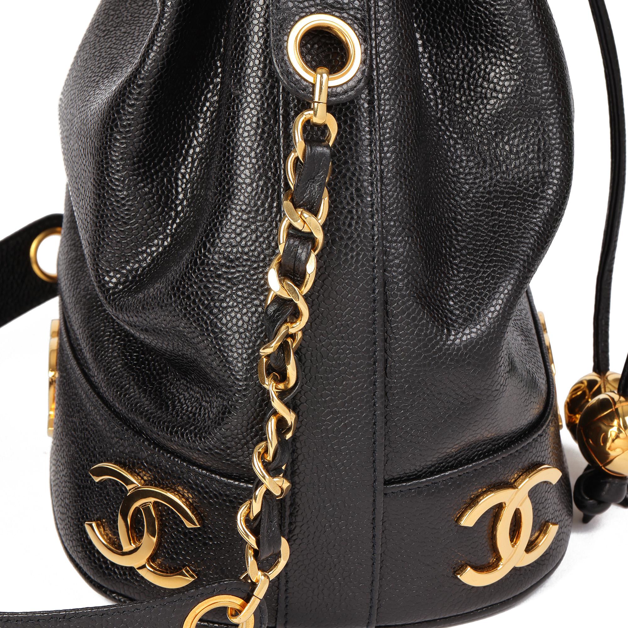 CHANEL Black Caviar Leather Vintage Logo Trim Bucket Bag with Pouch 3