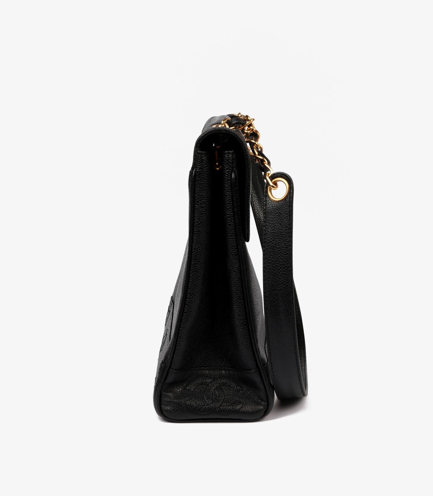 Women's or Men's Chanel Black Caviar Leather Vintage Logo Trim Jumbo Classic Shoulder Bag