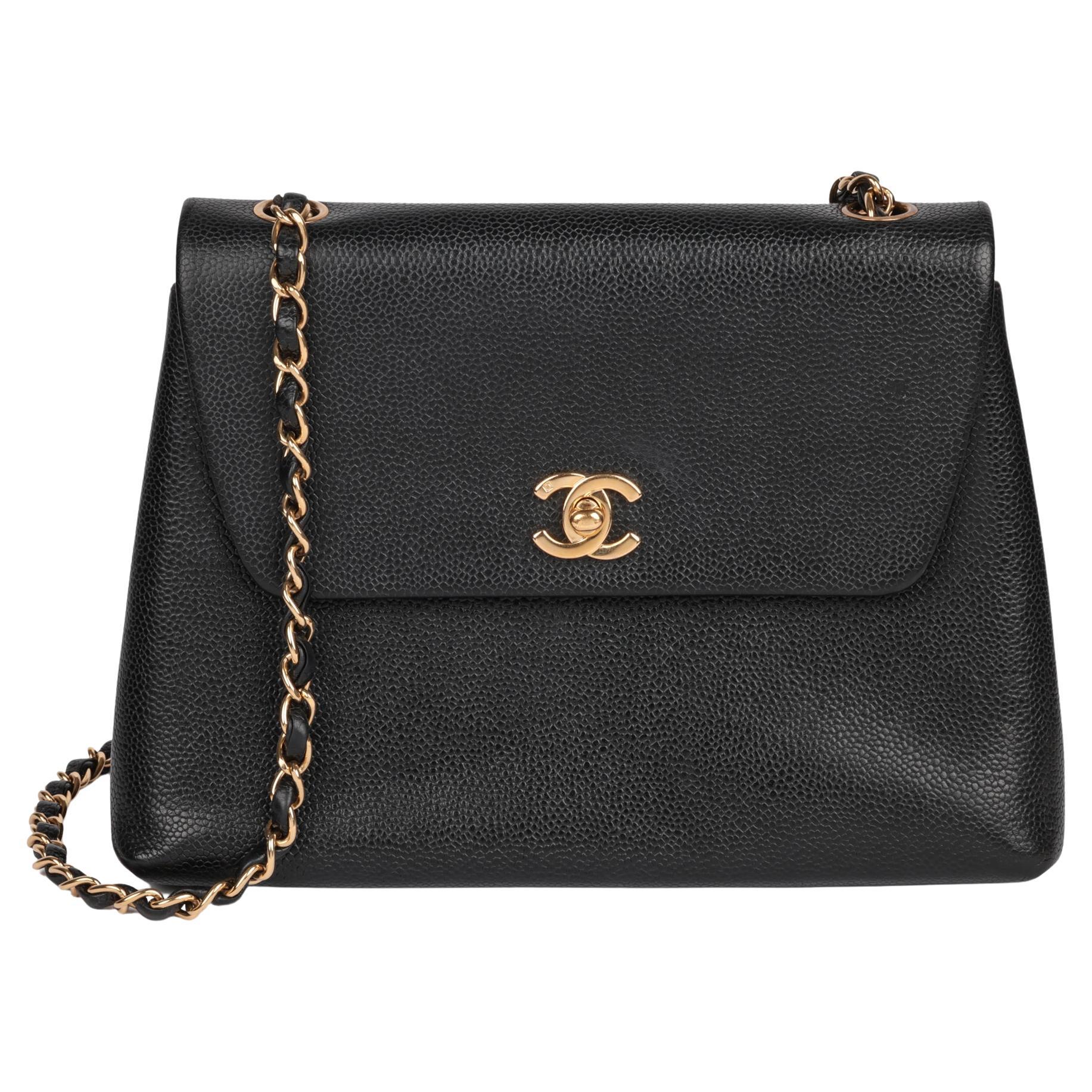 CHANEL Black Caviar Leather Vintage Medium Classic Single Flap Bag For Sale