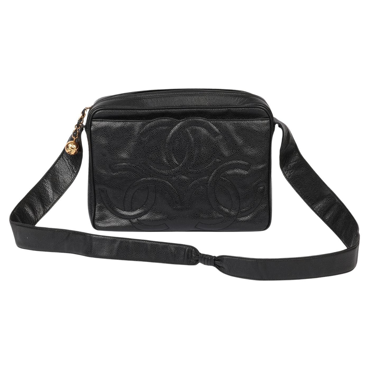 Chanel Black Caviar Leather Vintage Medium Timeless Triple Logo Camera Bag For Sale