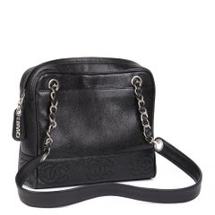 CHANEL Black Caviar Leather Vintage Timeless Logo Trim Shoulder Bag
