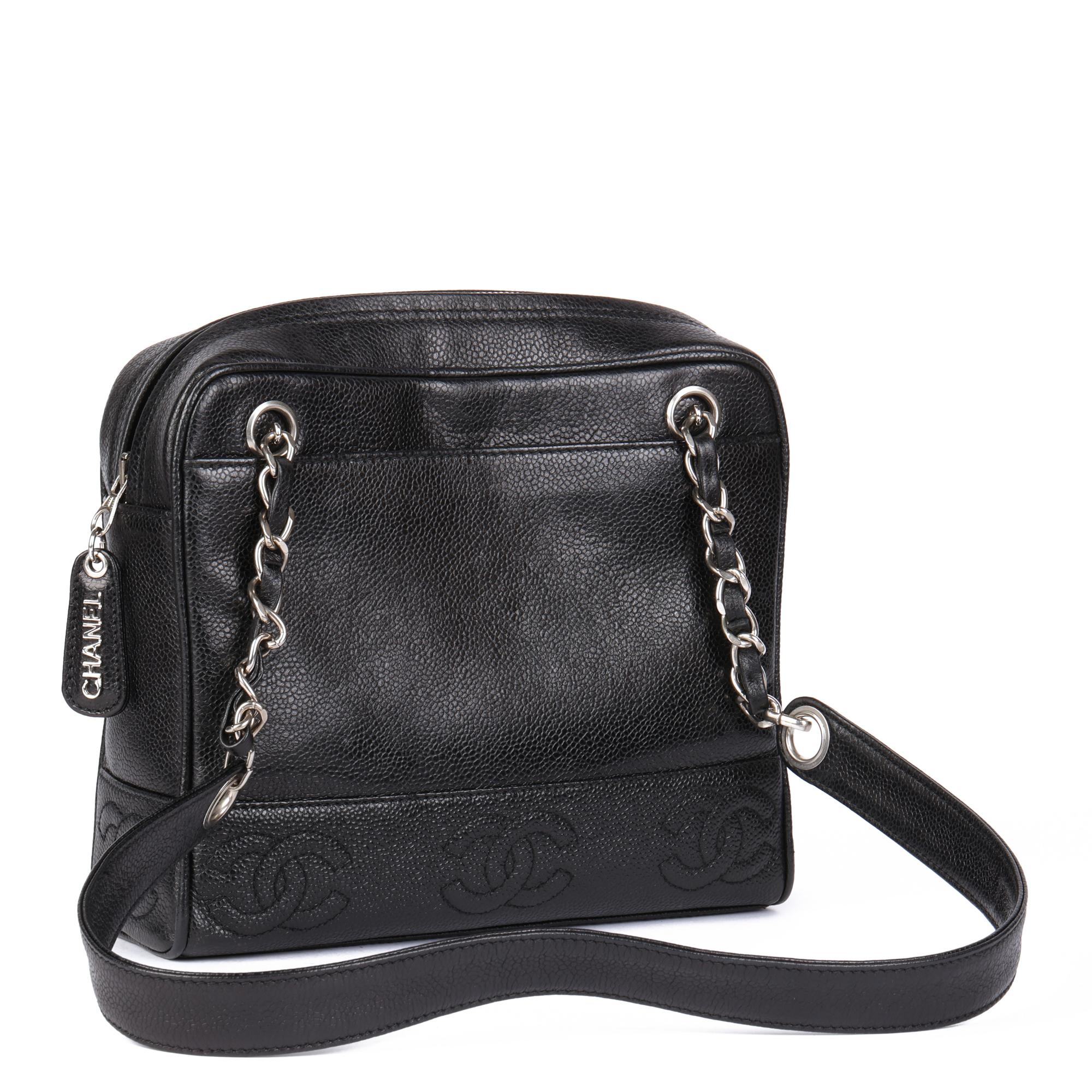 CHANEL
Black Caviar Leather Vintage Timeless Logo Trim Shoulder Bag 

Serial Number: 4558290
Age (Circa): 1990
Accompanied By: Chanel Dust Bag, Authenticity Card, Box, Care Booklet
Authenticity Details: Authenticity Card, Serial Sticker (Made in