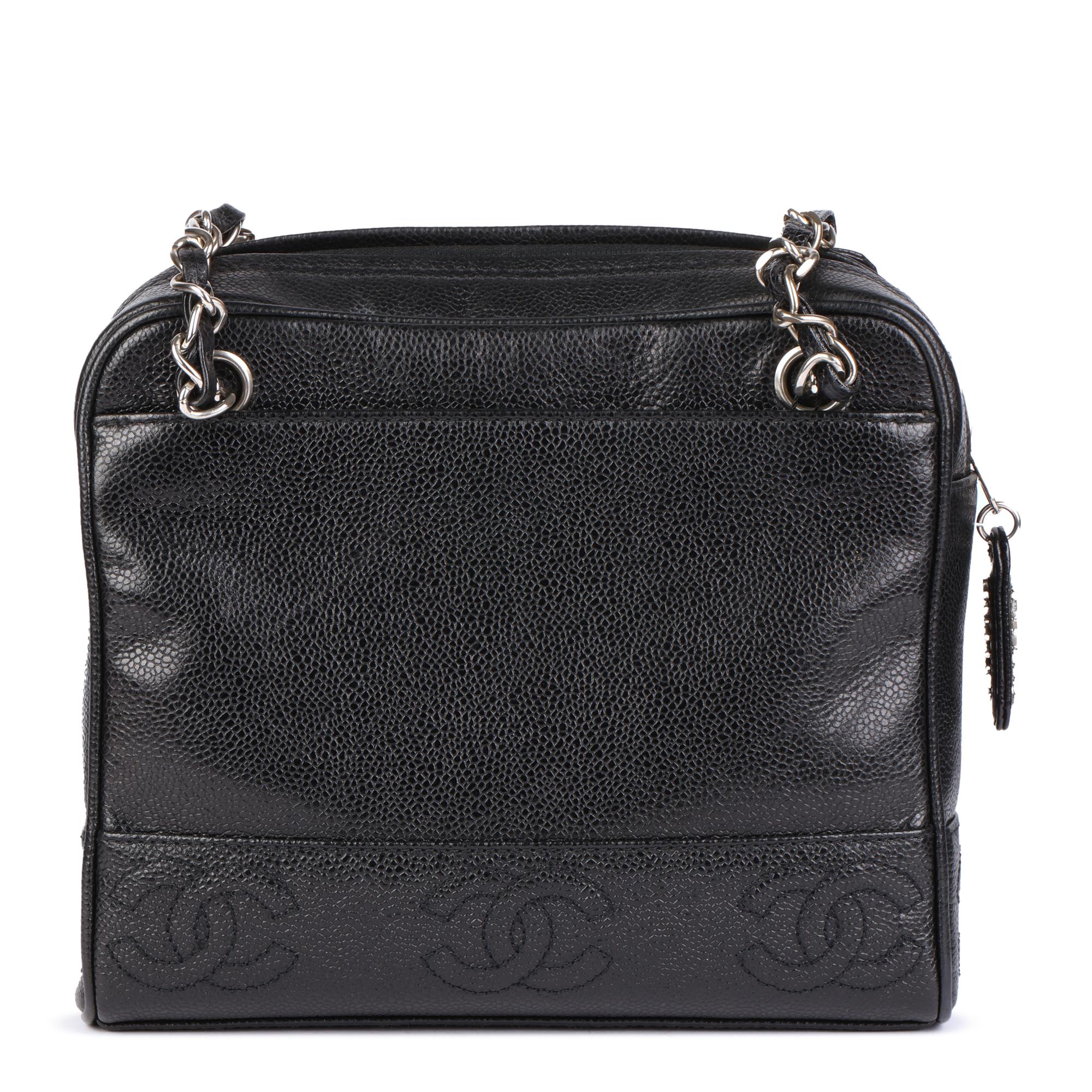 CHANEL Black Caviar Leather Vintage Timeless Logo Trim Shoulder Bag  1