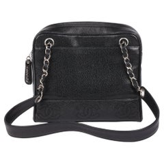 CHANEL Black Caviar Leather Retro Timeless Logo Trim Shoulder Bag 