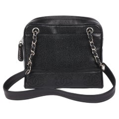 CHANEL Black Caviar Leather Vintage Timeless Logo Trim Shoulder Bag 