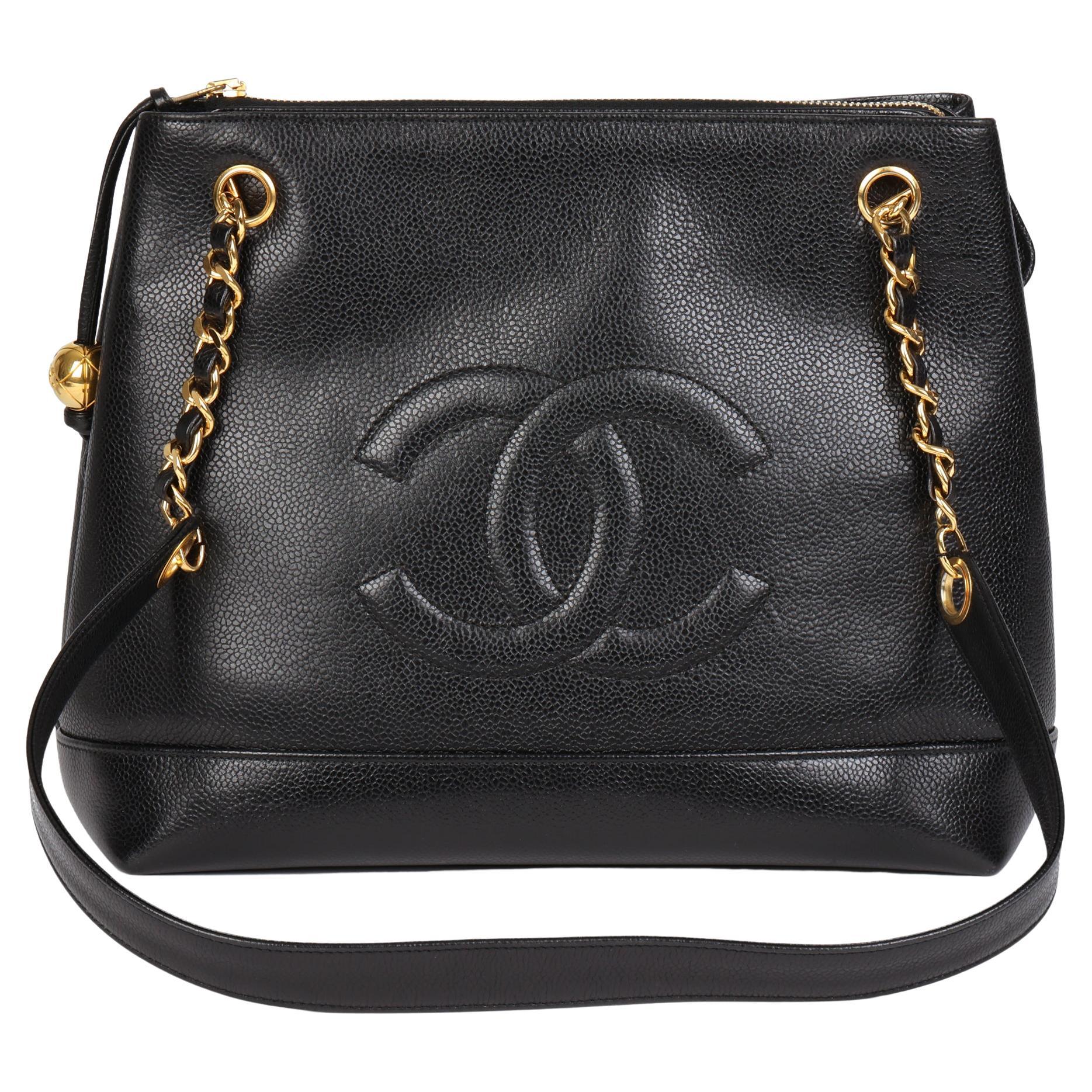 Iconic Chanel Vintage Black Caviar Leather Triple Logo Shoulder Bag, 1994