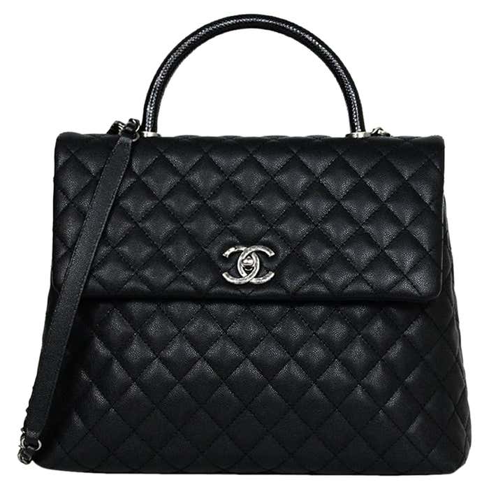 Chanel Black Caviar/Lizard Quilted Large Coco Top Handle Kelly Style ...