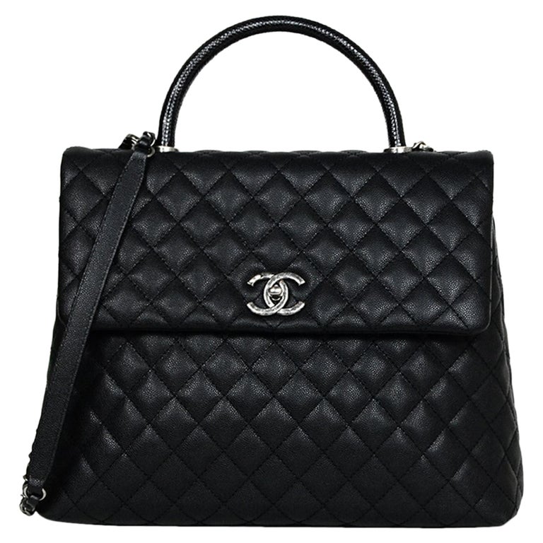 Chanel Black Caviar/Lizard Quilted Large Coco Top Handle Kelly Style Bag  For Sale at 1stDibs