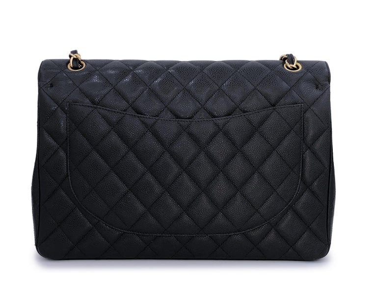 Chanel Quilted Caviar Leather Classic Maxi Double Flap Silver Hardware 2.55  Black Cross Body Bag 25% off retail