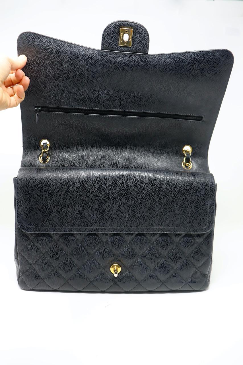 CHANEL Black Caviar Maxi Double Flap Bag For Sale 7