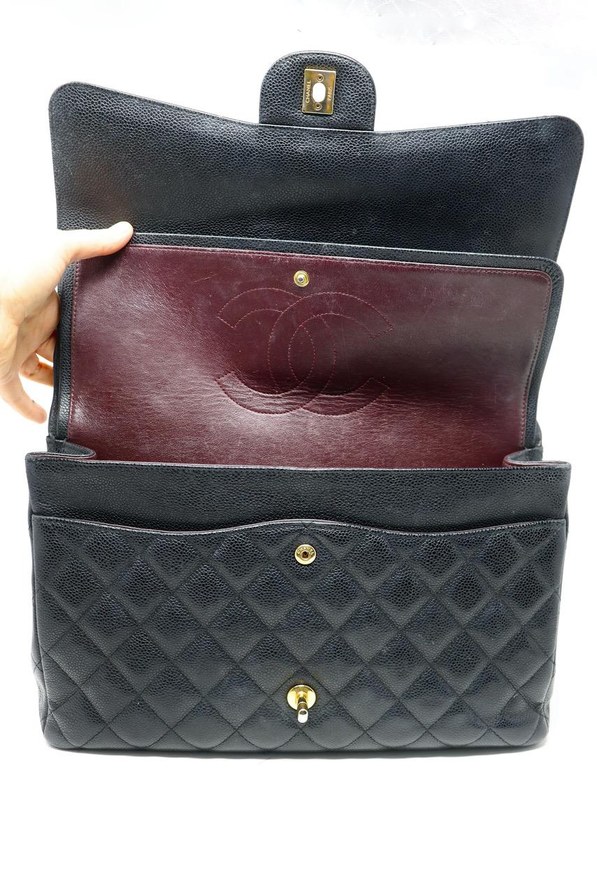 CHANEL Black Caviar Maxi Double Flap Bag For Sale 8
