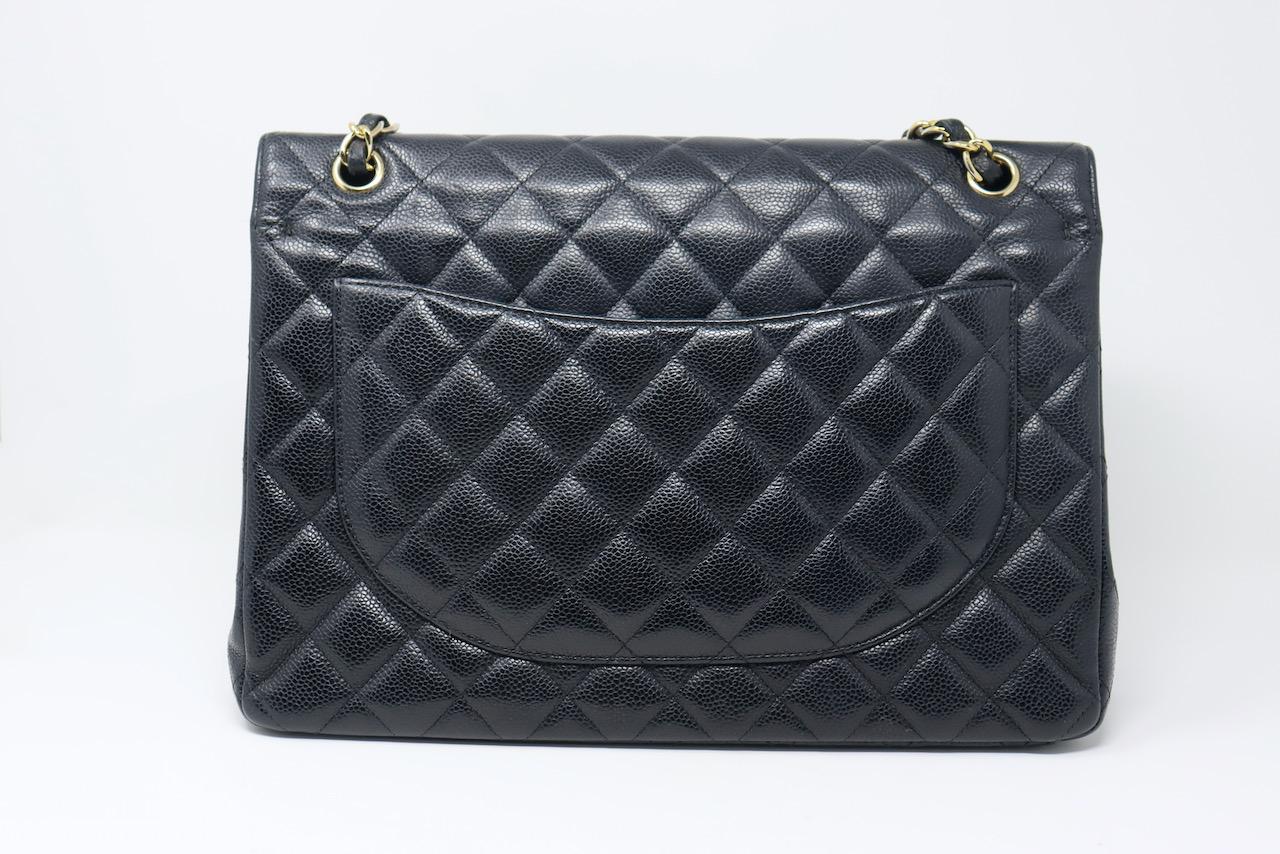 CHANEL Black Caviar Maxi Double Flap Bag For Sale 4