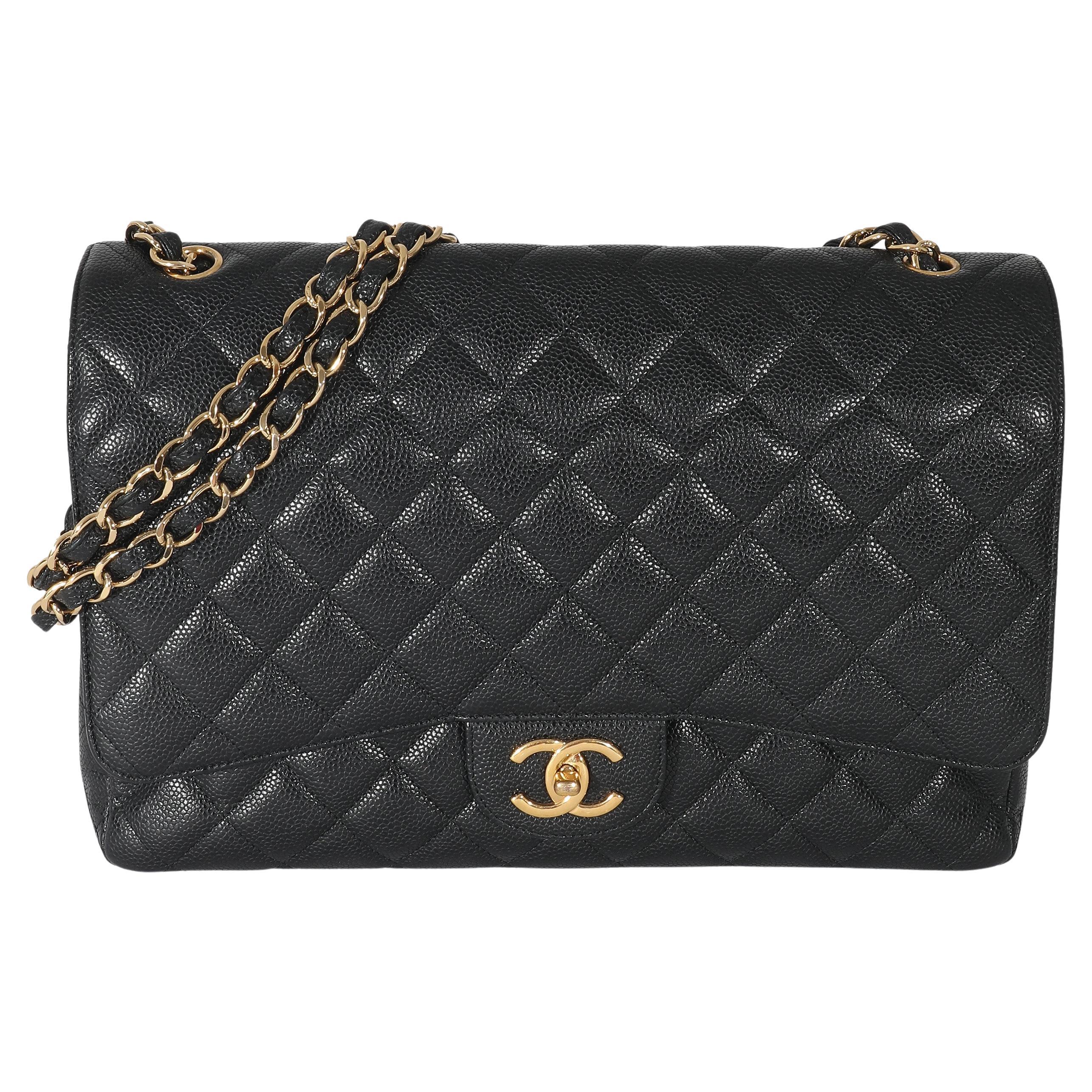 Chanel Black Caviar Maxi Double Flap Bag For Sale
