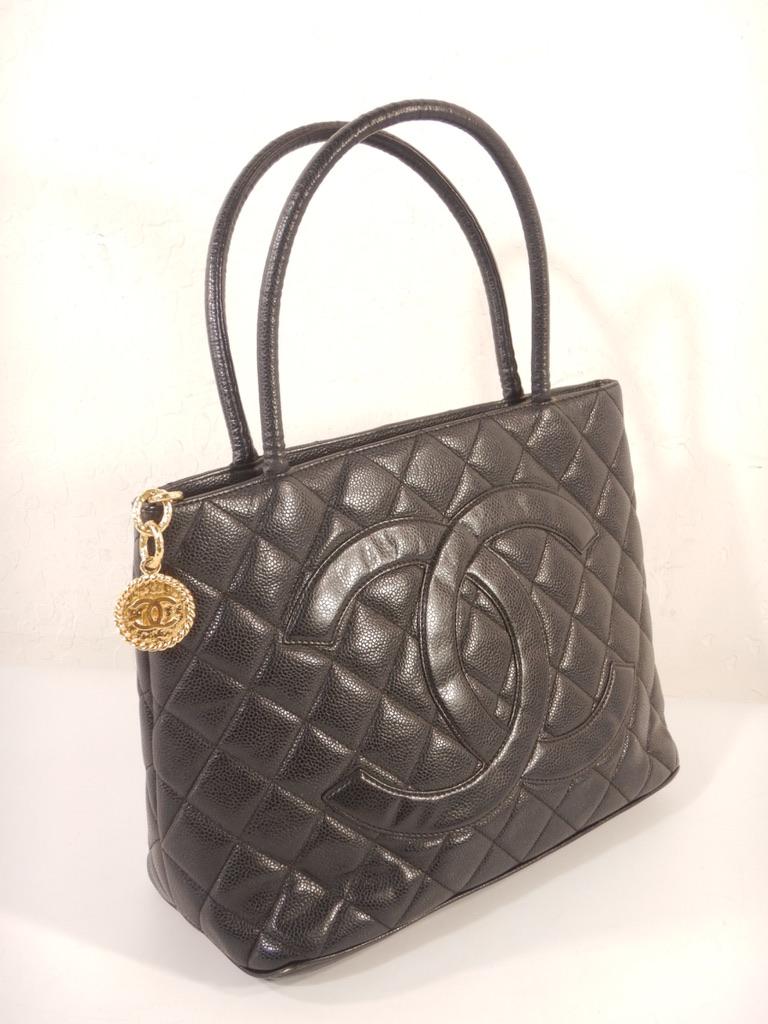 Chanel Black Caviar Medallion Tote Bag For Sale 3