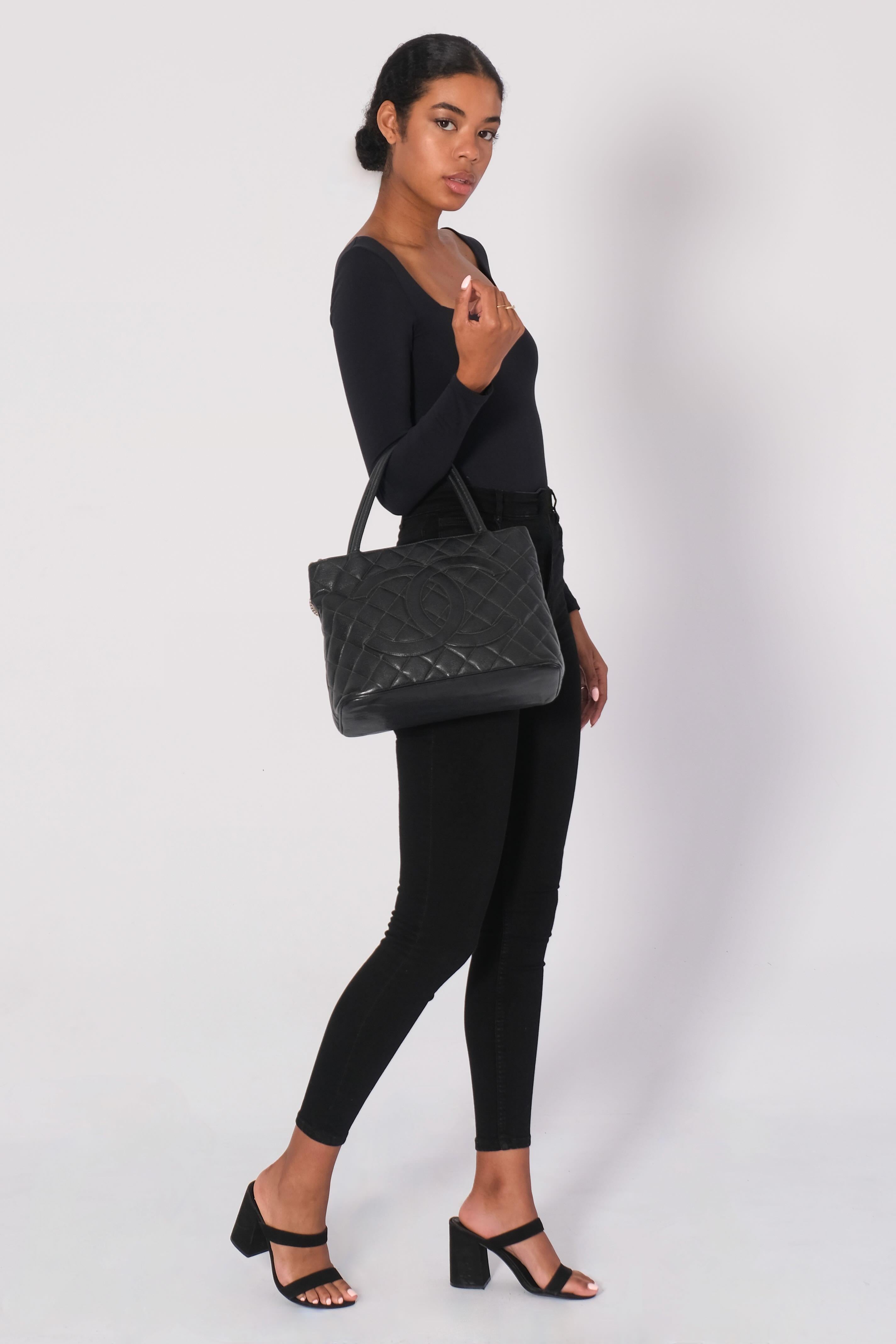 Chanel Black Caviar Medallion Tote Bag Small For Sale 10