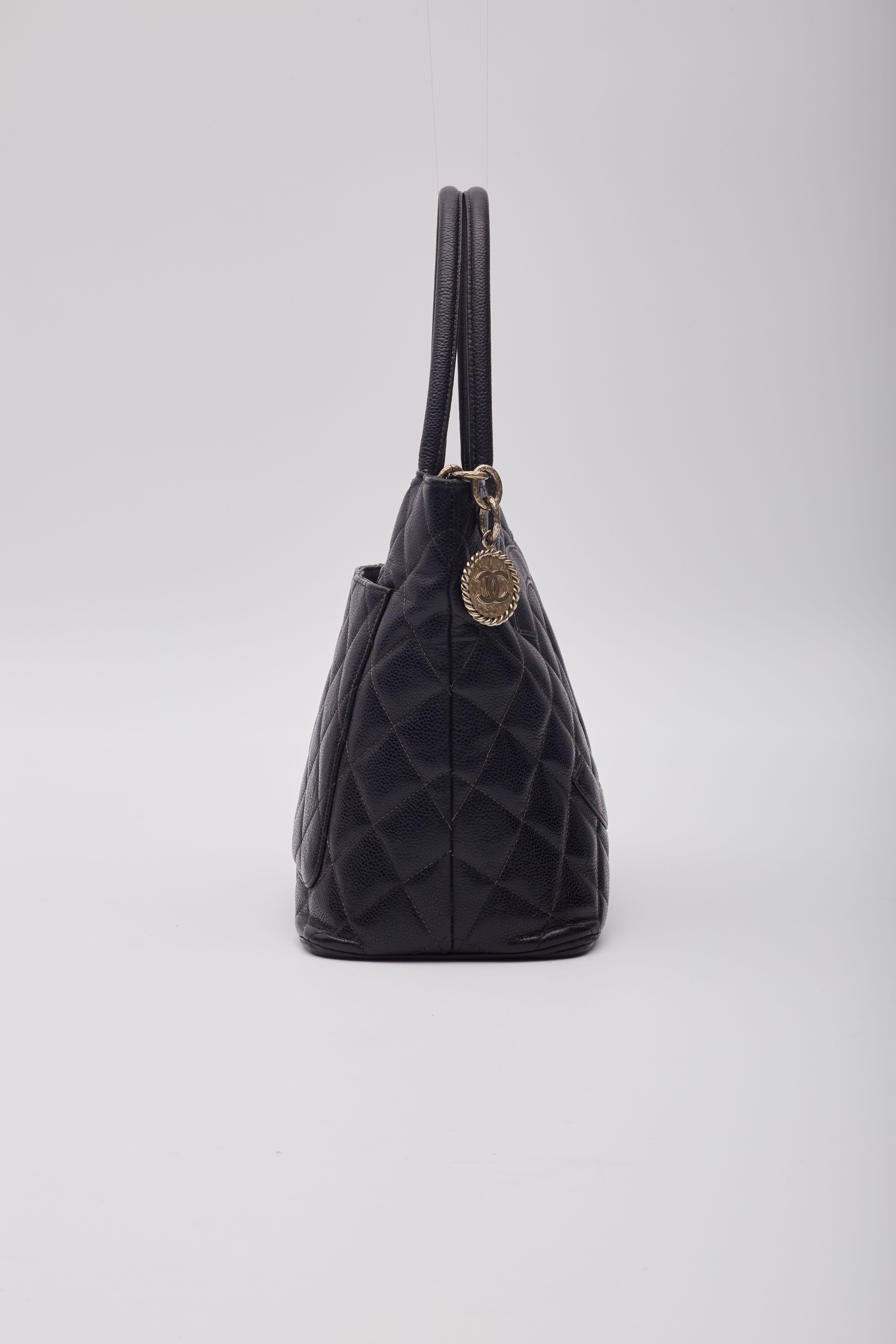 Chanel Black Caviar Medallion Tote Bag Small For Sale 3