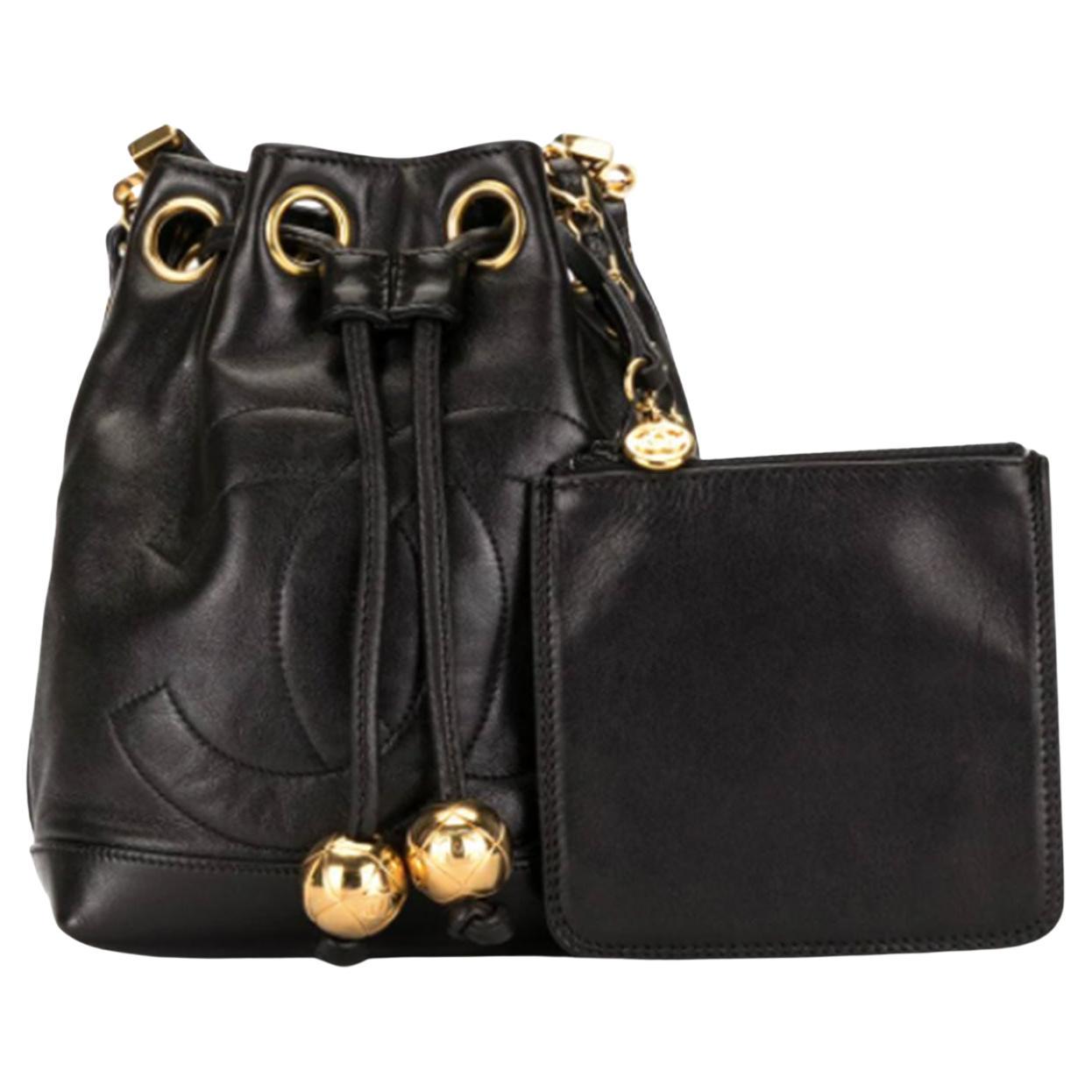 Chanel Black Caviar Mini CC Drawstring Gold Hardware Shoulder Bag For Sale