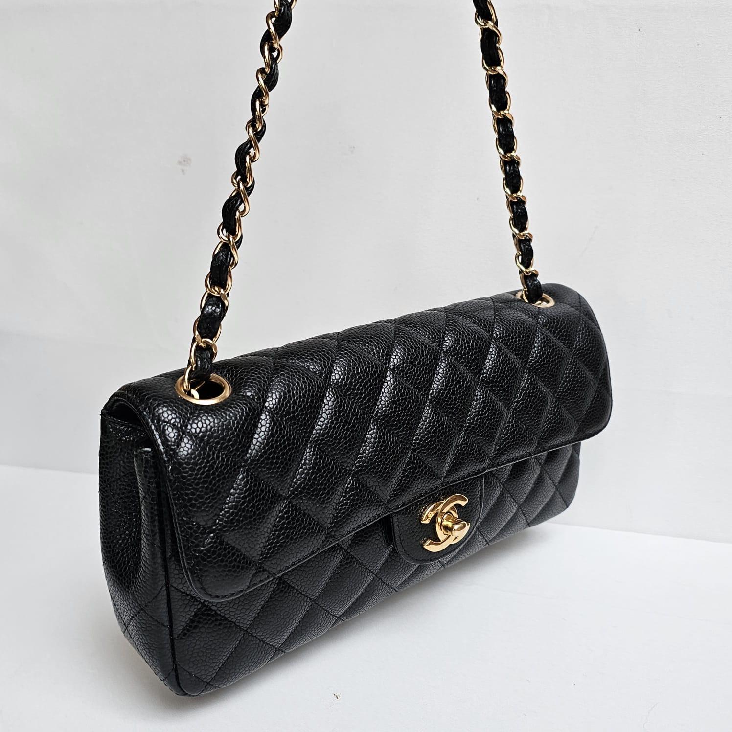 Chanel Black Caviar Quilted East West Flap Shoulder Bag For Sale 6