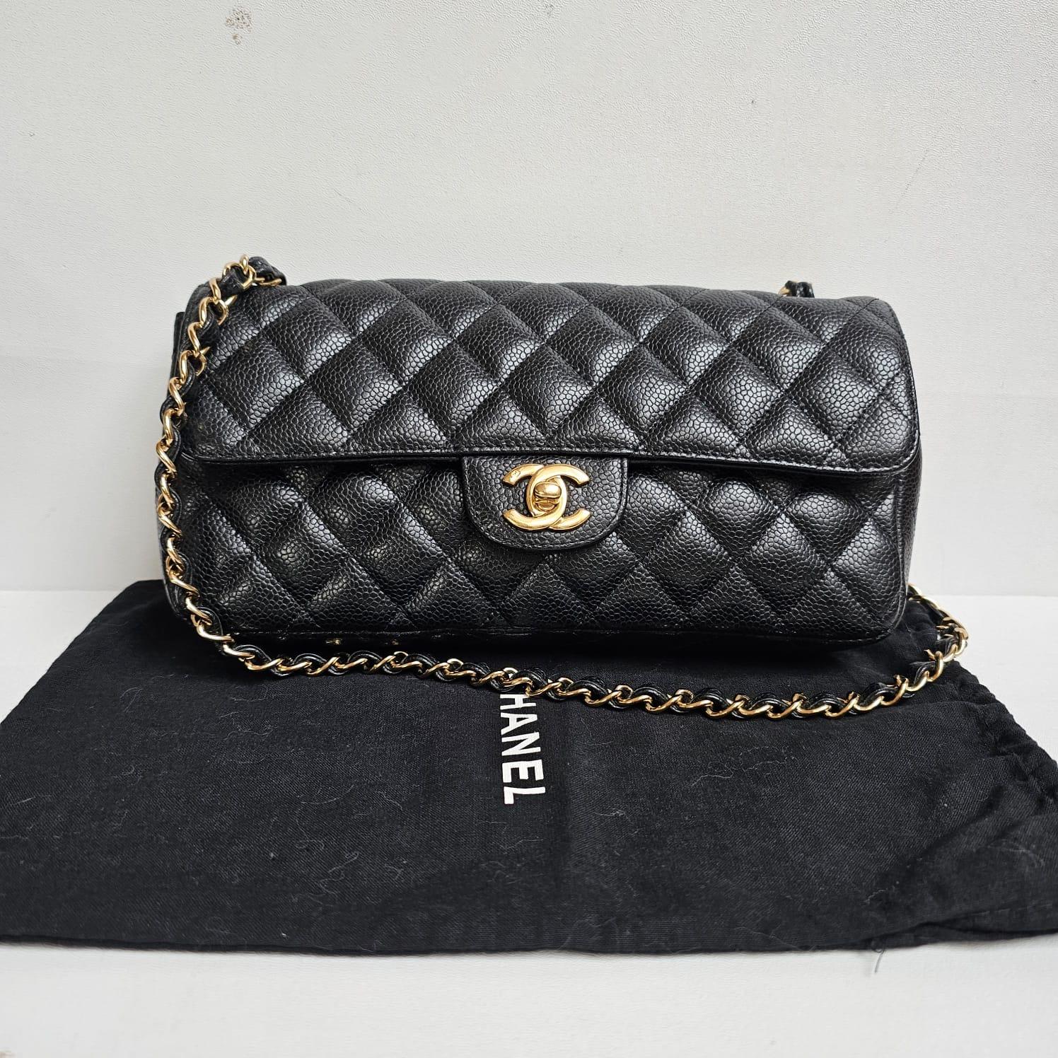 Chanel Black Caviar Quilted East West Flap Shoulder Bag For Sale 8