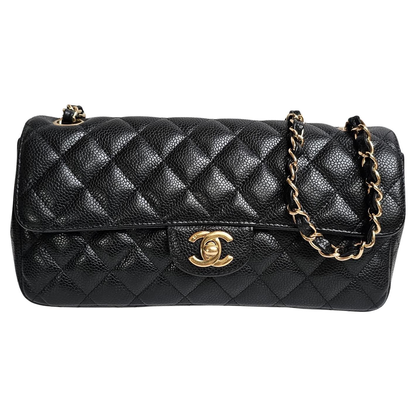 Chanel Black Caviar Quilted East West Flap Shoulder Bag For Sale