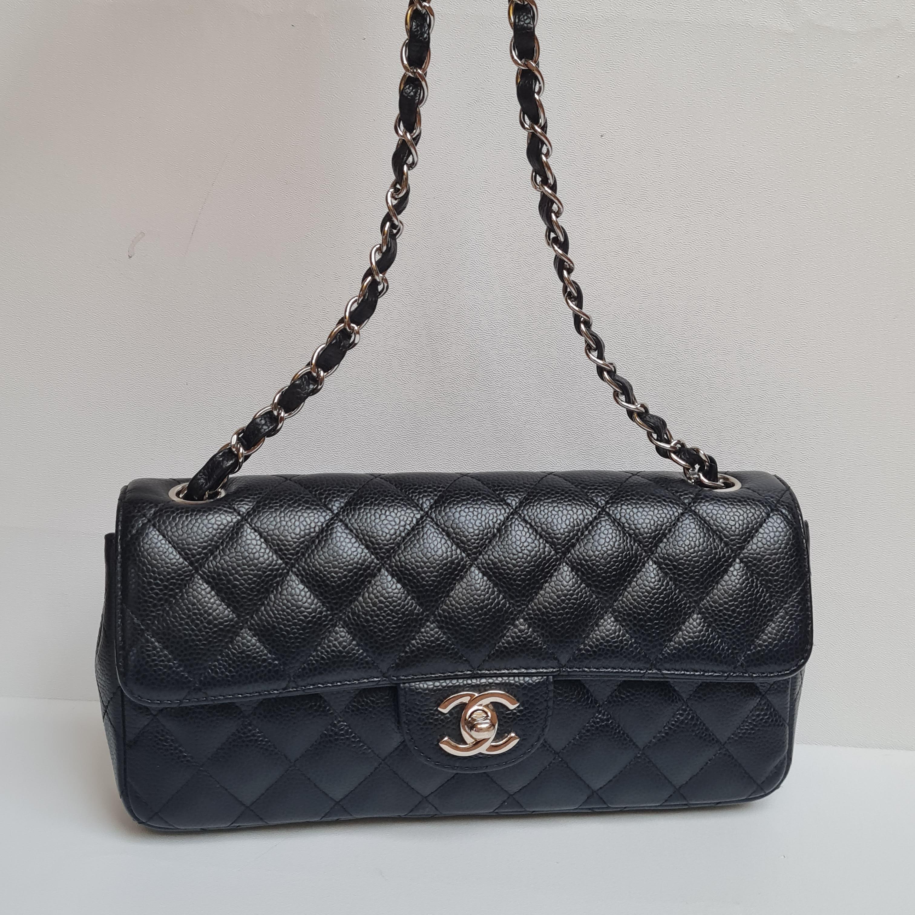 Chanel Black Caviar Quilted East West SHW Flap Bag 5