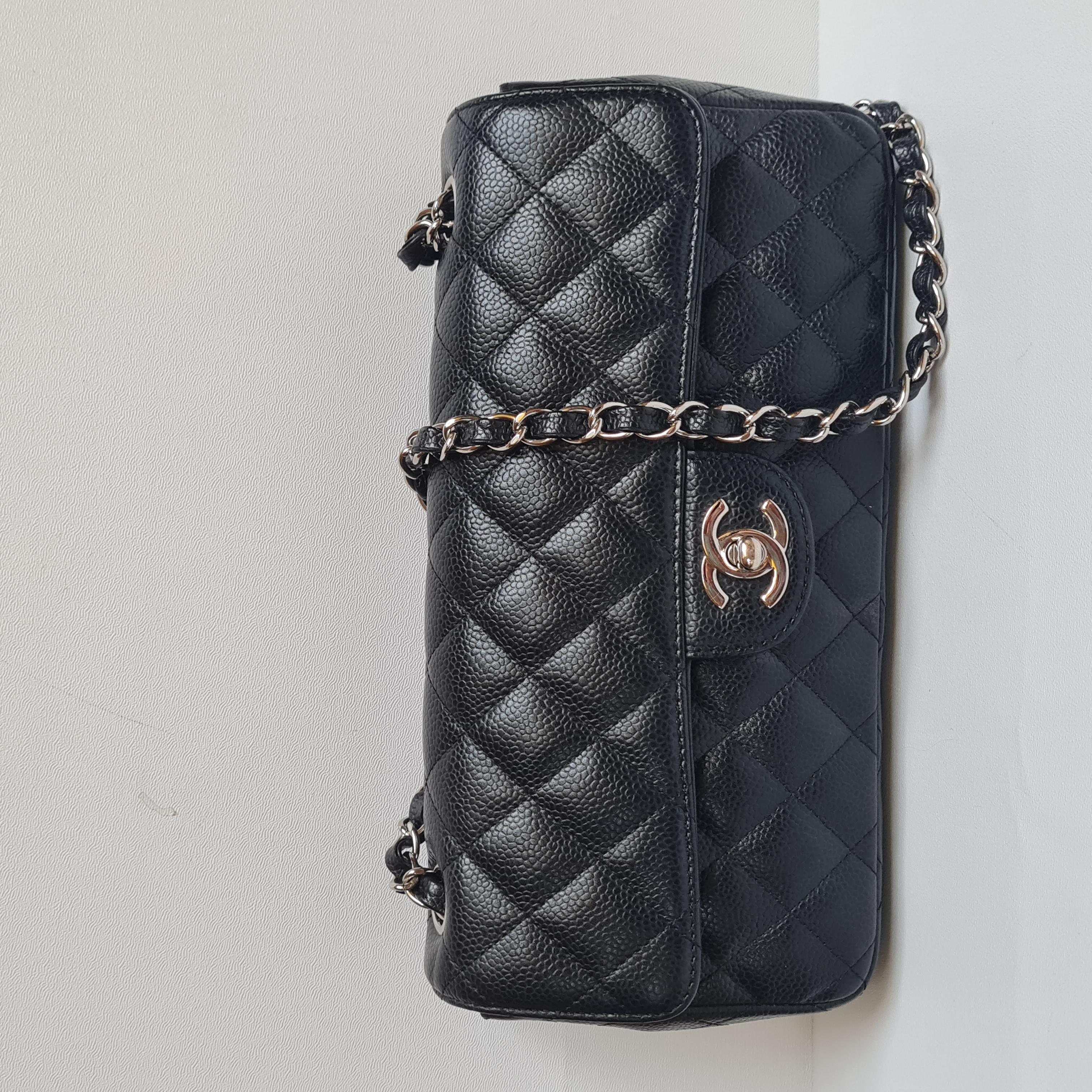 Chanel Black Caviar Quilted East West SHW Flap Bag 9