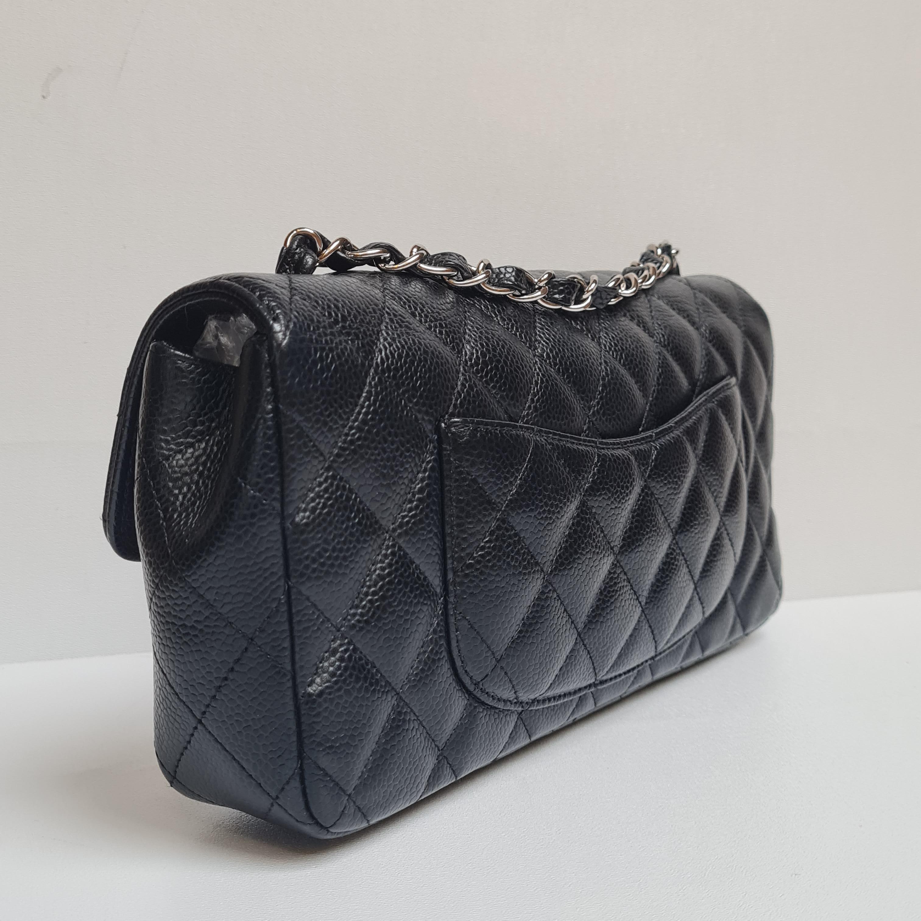 Women's Chanel Black Caviar Quilted East West SHW Flap Bag