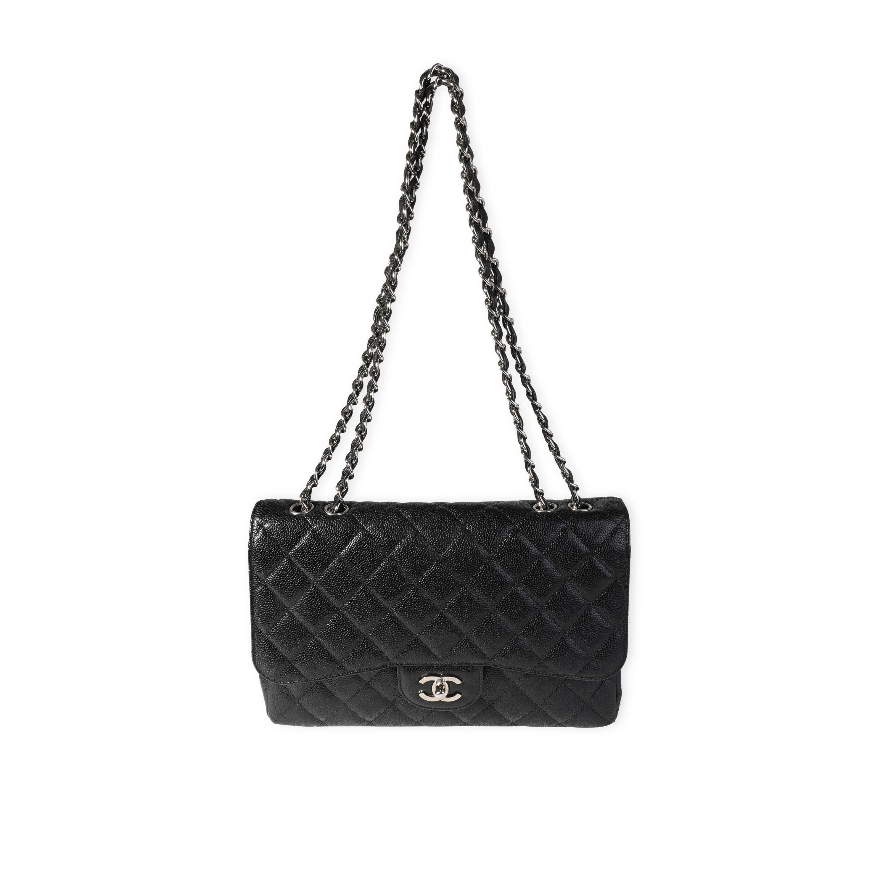 Listing Title: Chanel Black Caviar Quilted Jumbo Classic Single Flap Bag
SKU: 118406
MSRP: 9500.00

Handbag Condition: Good
Condition Comments: Minor scuffs at exterior corners. Light marks at interior pocket wall.
Brand: Chanel
Model: Black Caviar