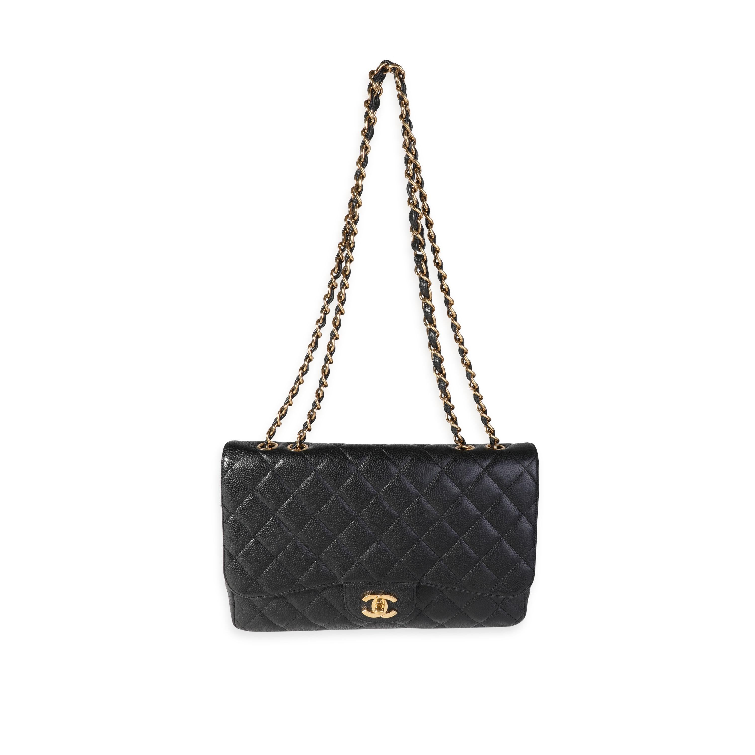 Listing Title: Chanel Black Caviar Quilted Jumbo Classic Single Flap Bag
SKU: 119676
MSRP: 9500.00

Handbag Condition: Excellent
Condition Comments: Minor scuffs at exterior corners.
Brand: Chanel
Model: Black Caviar Classic Jumbo Single Flap