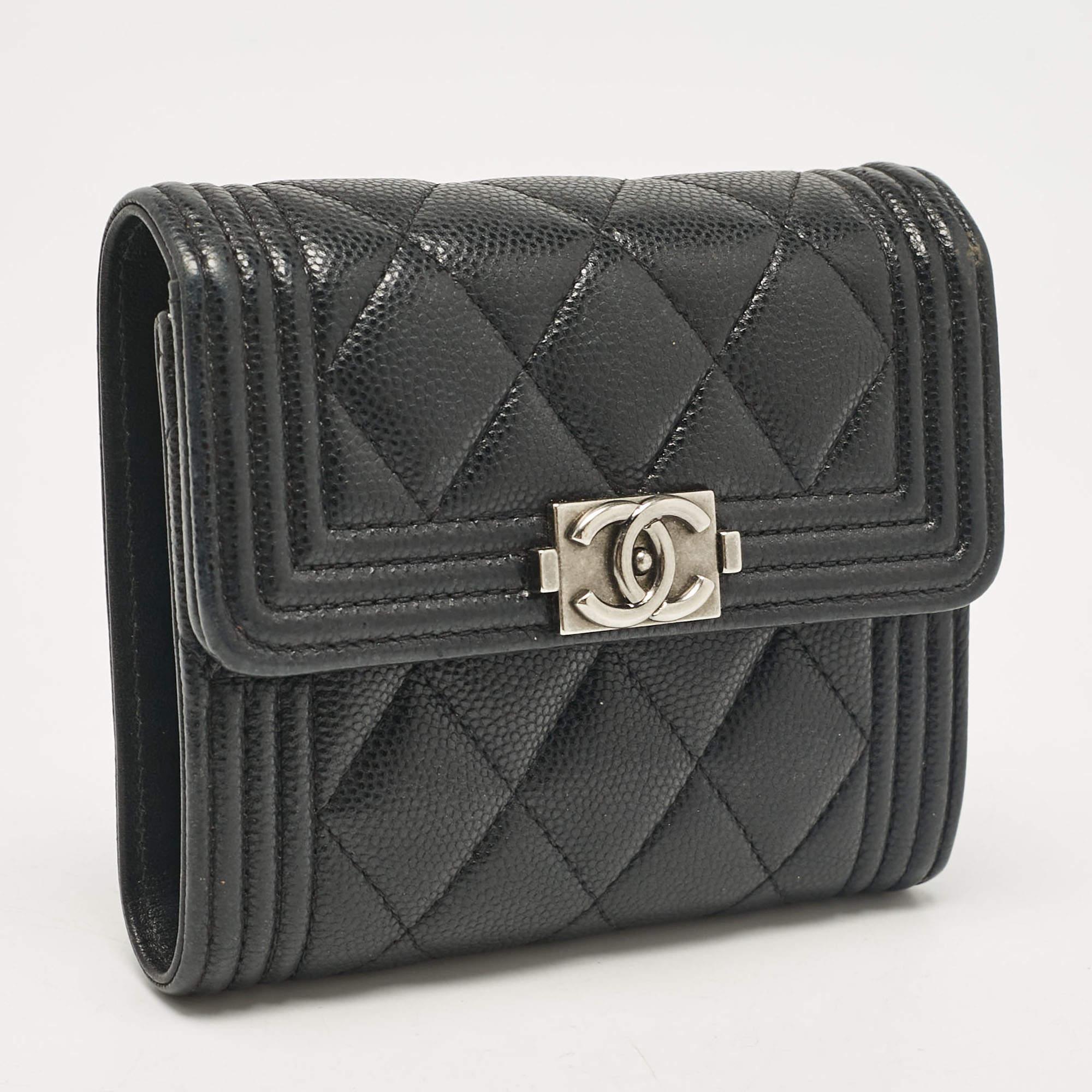 Women's Chanel Black Caviar Quilted Leather Boy Trifold Wallet For Sale