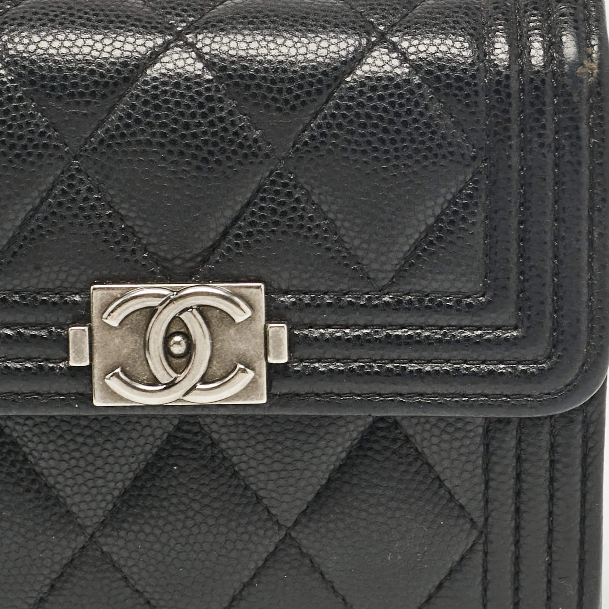 Chanel Black Caviar Quilted Leather Boy Trifold Wallet For Sale 2