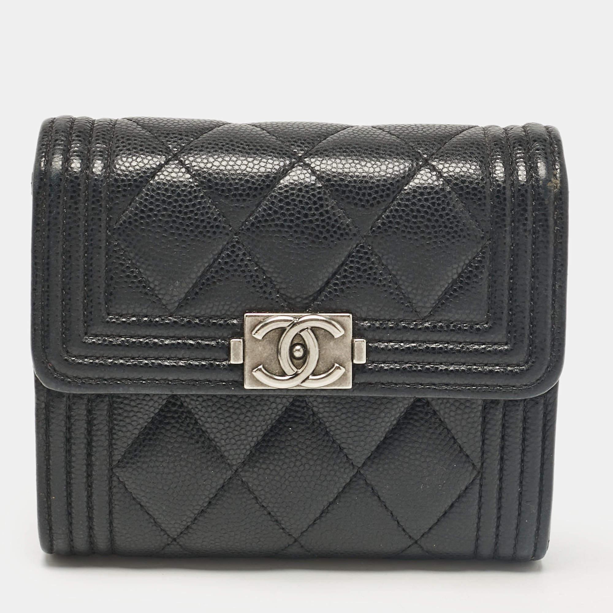 Chanel Black Caviar Quilted Leather Boy Trifold Wallet For Sale