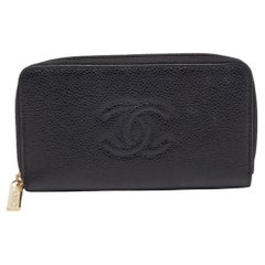 Chanel Black Caviar Quilted Leather CC Timeless Zip Wallet